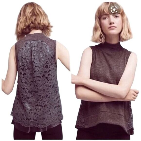 Anthro Moth Womens Ella Mock Neck Lace Back Tank Size Small Gray Green Sweater - Picture 1 of 13